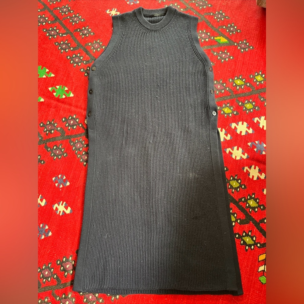 Roberto Collina navy blue merino wool rib knit tunic layering dress side slit